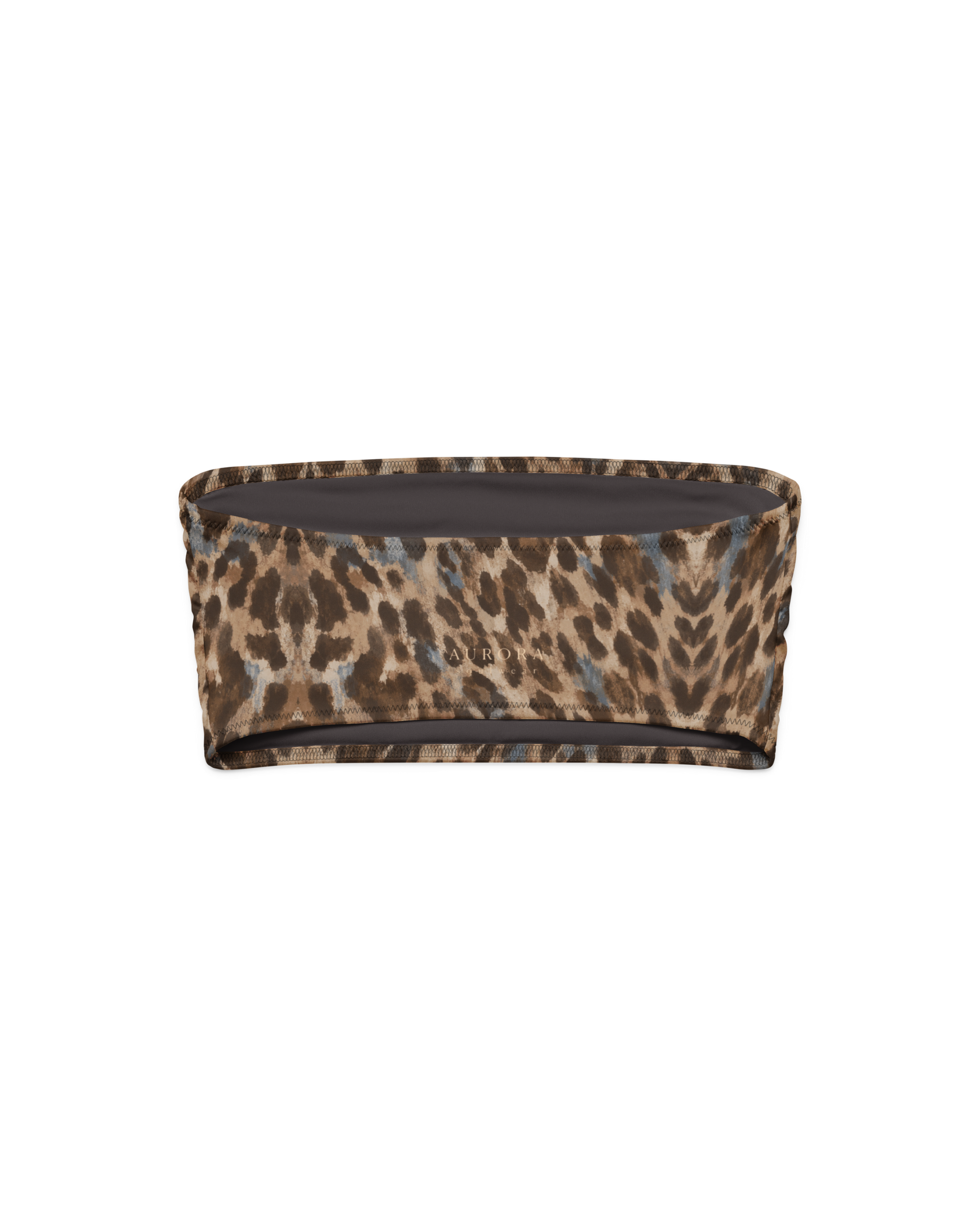 Leopard-print bandeau bikini top, strapless and double-layered, from Aurora Soulwear's Heatwave collection.