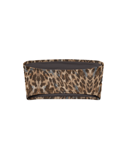 Leopard-print bandeau bikini top, strapless and double-layered, from Aurora Soulwear's Heatwave collection.