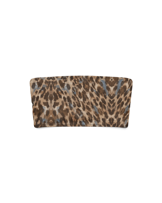 Leopard-print bandeau bikini top, strapless and double-layered, from Aurora Soulwear's Heatwave collection.