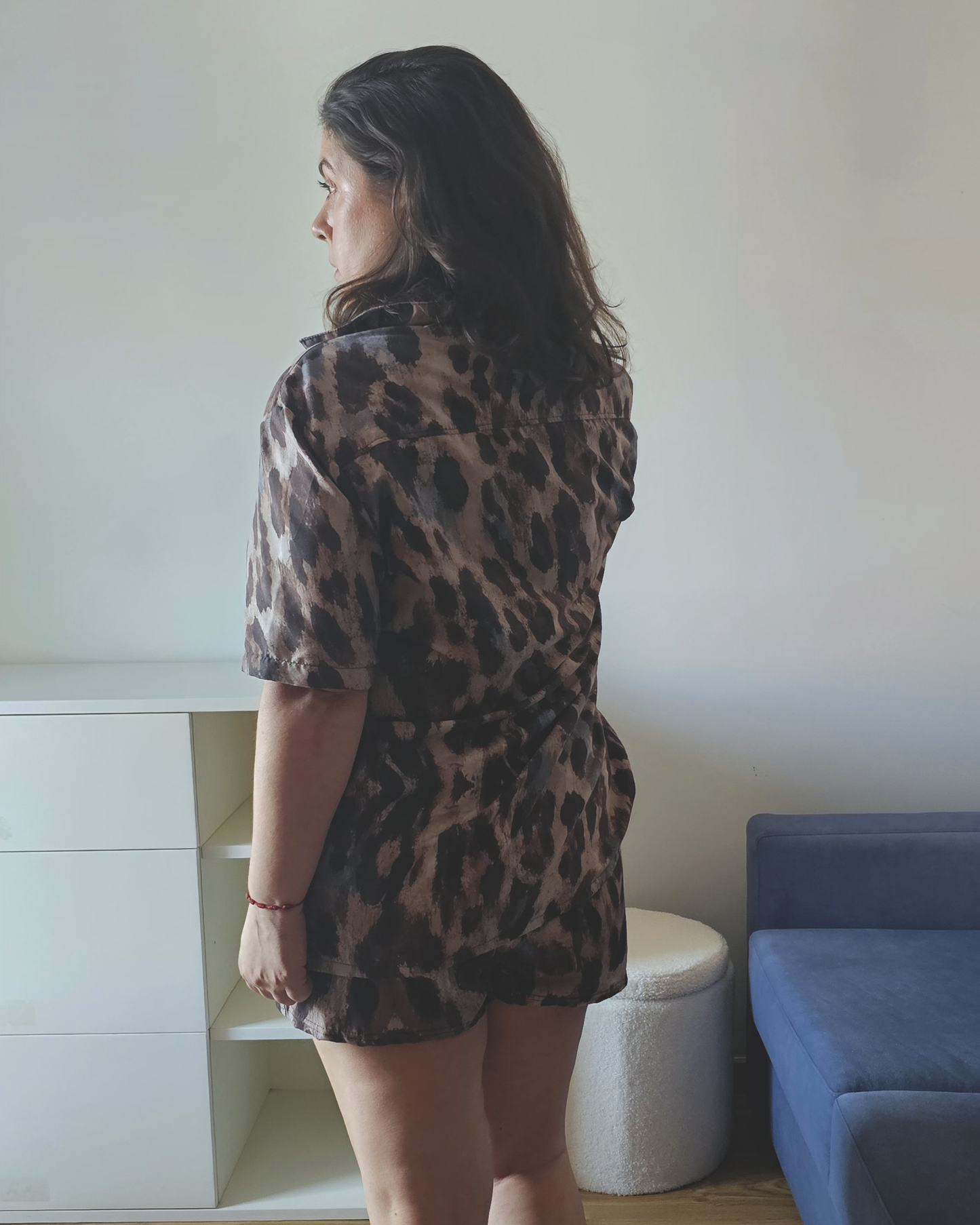 Leopard-print oversized shirt, lightweight, from Aurora Soulwear's Heatwave collection.