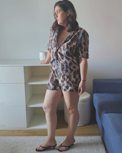 Leopard-print oversized shirt, lightweight, from Aurora Soulwear's Heatwave collection.