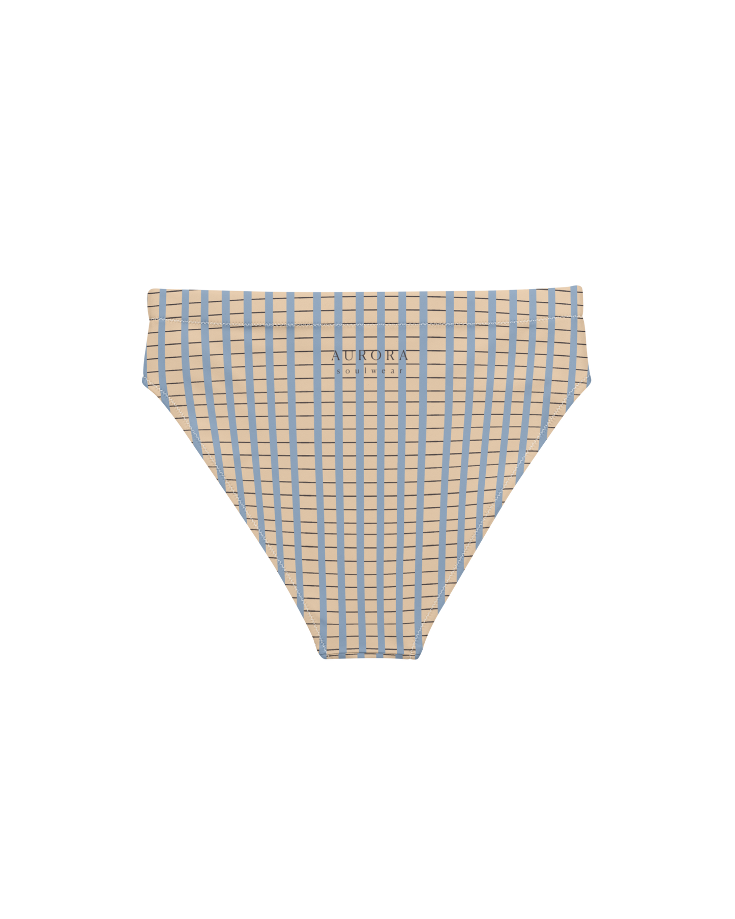Warm sand and soft-blue check recycled high-waisted bikini bottom by Aurora Soulwear