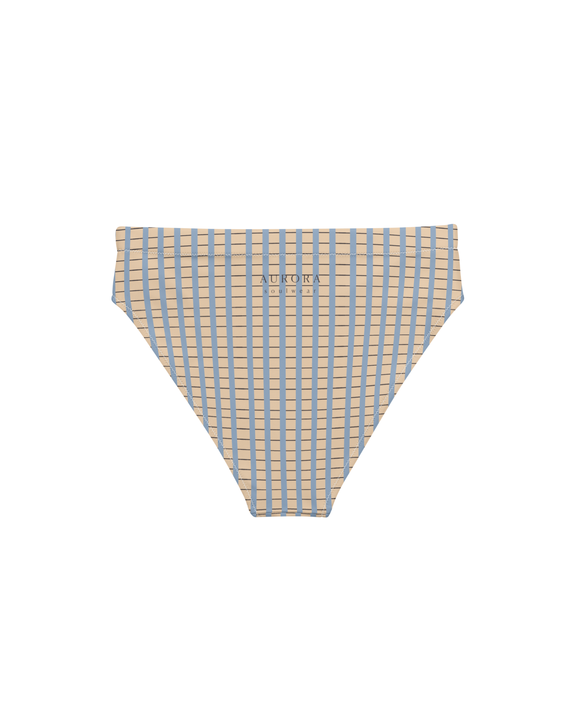 Warm sand and soft-blue check recycled high-waisted bikini bottom by Aurora Soulwear