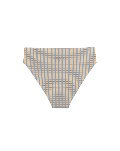 Warm sand and soft-blue check recycled high-waisted bikini bottom by Aurora Soulwear