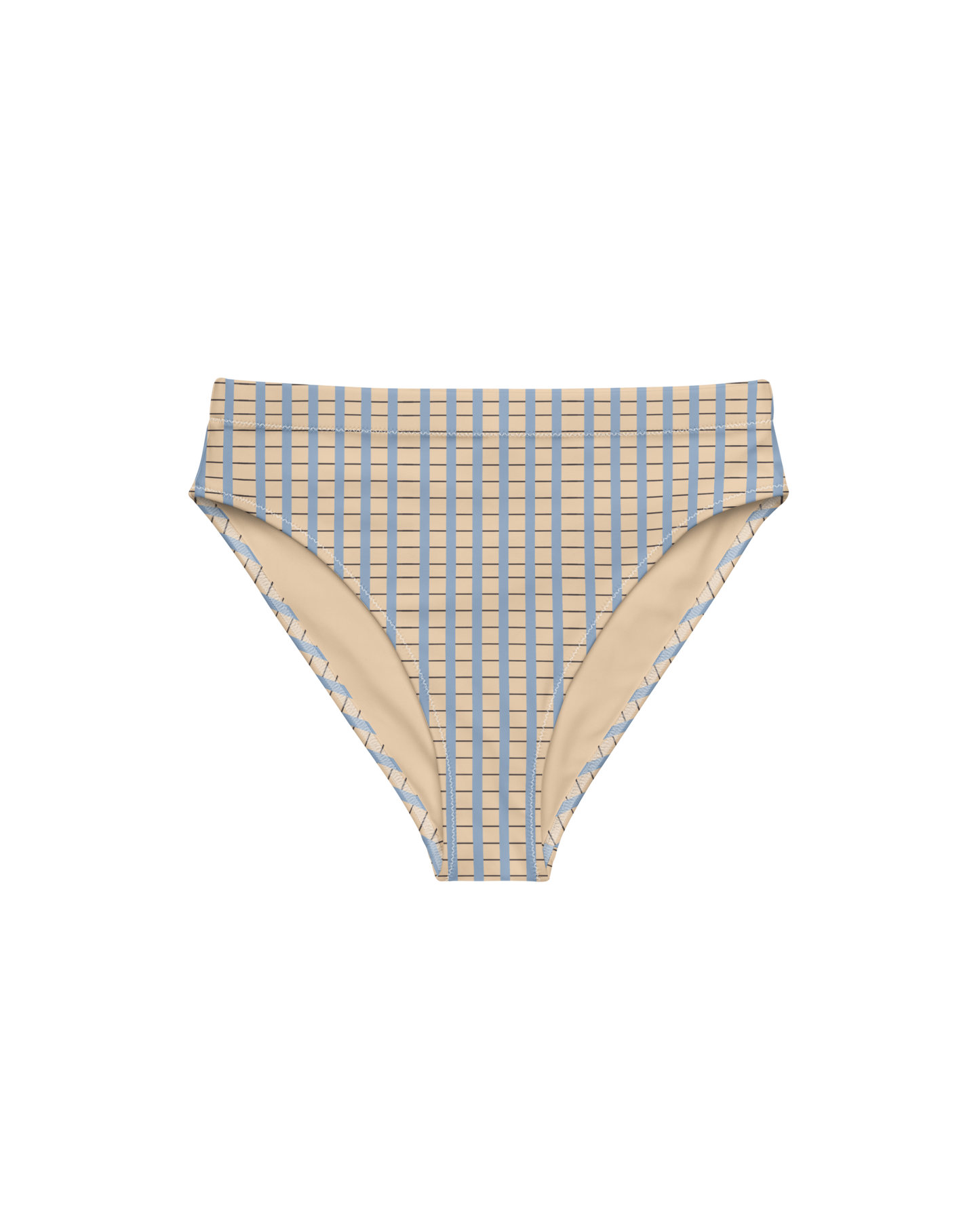 Warm sand and soft-blue check recycled high-waisted bikini bottom by Aurora Soulwear