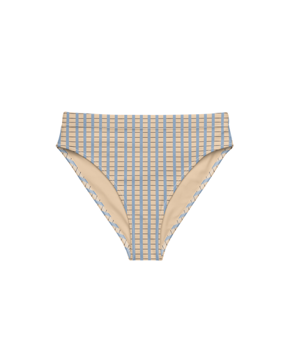 Warm sand and soft-blue check recycled high-waisted bikini bottom by Aurora Soulwear