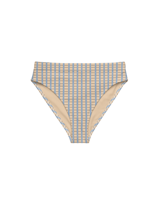Warm sand and soft-blue check recycled high-waisted bikini bottom by Aurora Soulwear