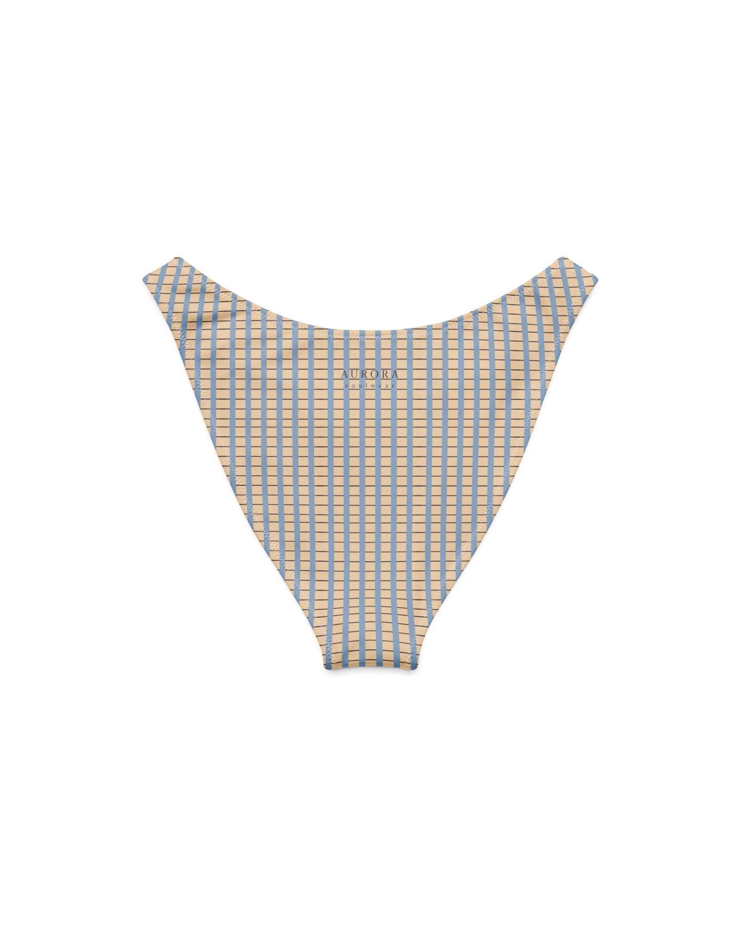 Warm sand and soft-blue check recycled high-cut bikini bottom by Aurora Soulwear