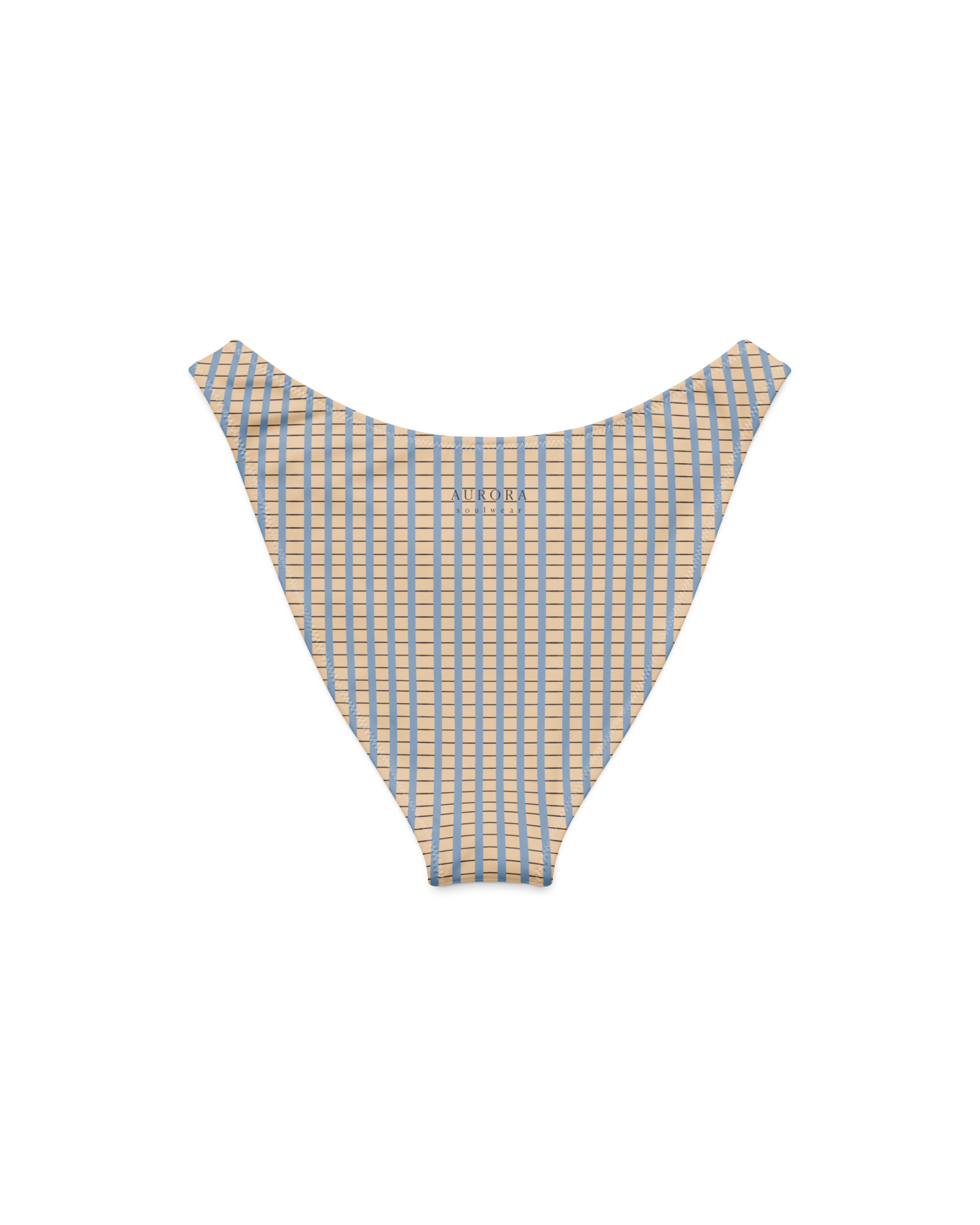 Warm sand and soft-blue check recycled high-cut bikini bottom by Aurora Soulwear