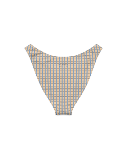 Warm sand and soft-blue check recycled high-cut bikini bottom by Aurora Soulwear