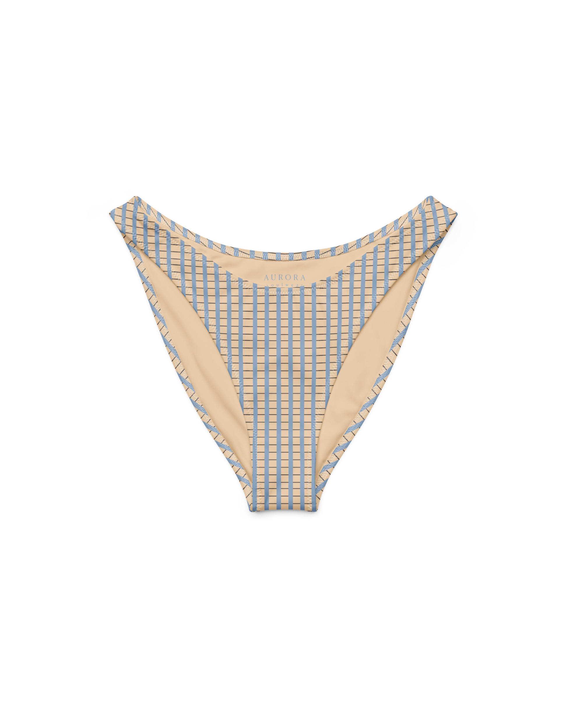 Warm sand and soft-blue check recycled high-cut bikini bottom by Aurora Soulwear