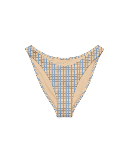 Warm sand and soft-blue check recycled high-cut bikini bottom by Aurora Soulwear