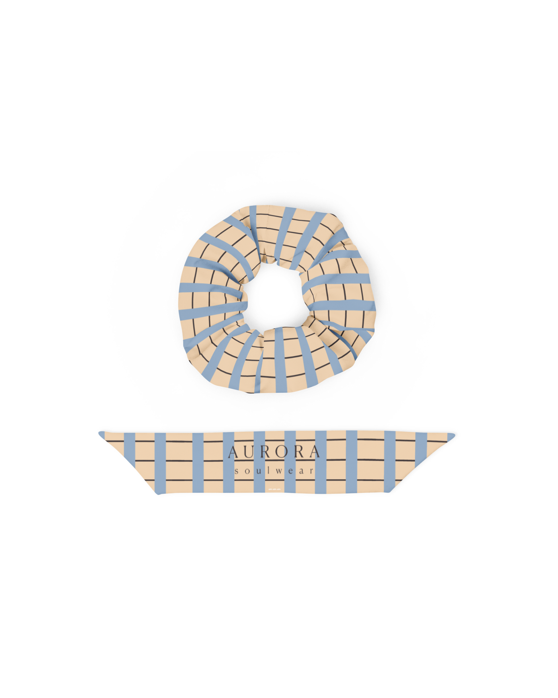 Warm sand and soft-blue check recycled scrunchie by Aurora Soulwear