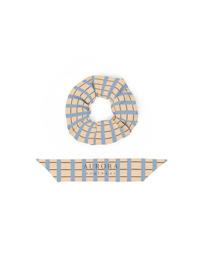 Warm sand and soft-blue check recycled scrunchie by Aurora Soulwear