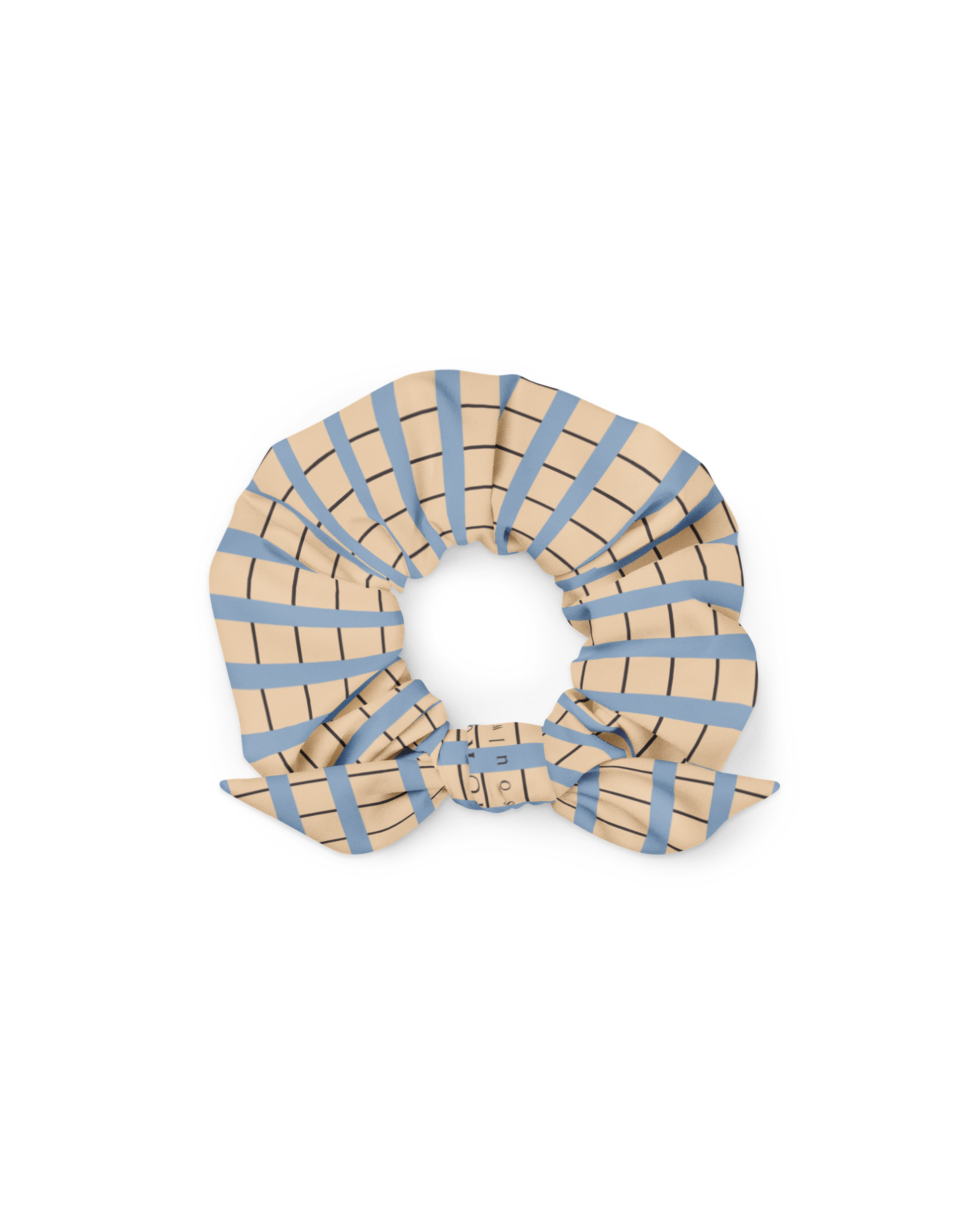 Warm sand and soft-blue check recycled scrunchie by Aurora Soulwear