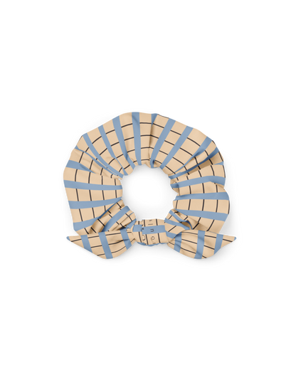 Warm sand and soft-blue check recycled scrunchie by Aurora Soulwear