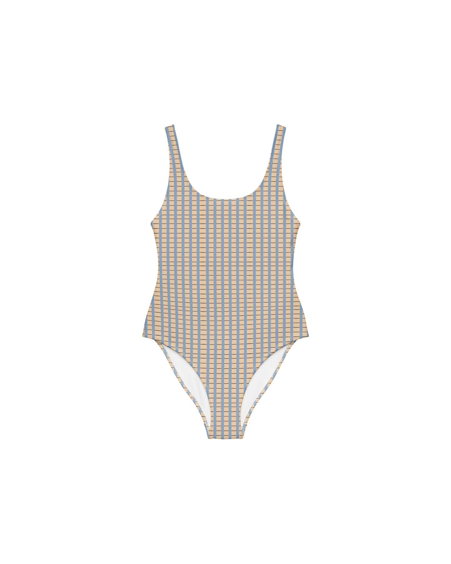 Warm sand and soft-blue check recycled one-piece swimsuit by Aurora Soulwear