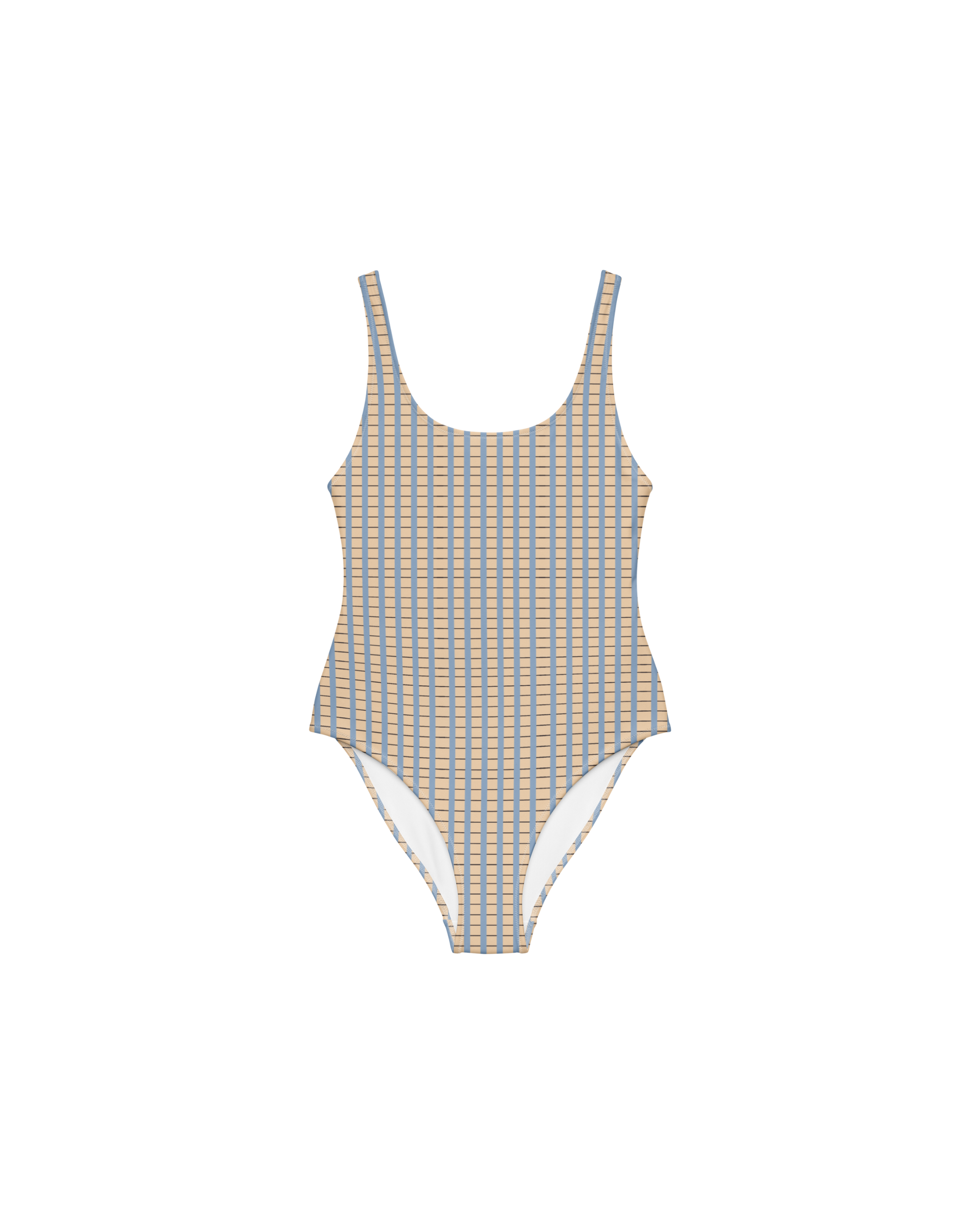 Warm sand and soft-blue check recycled one-piece swimsuit by Aurora Soulwear