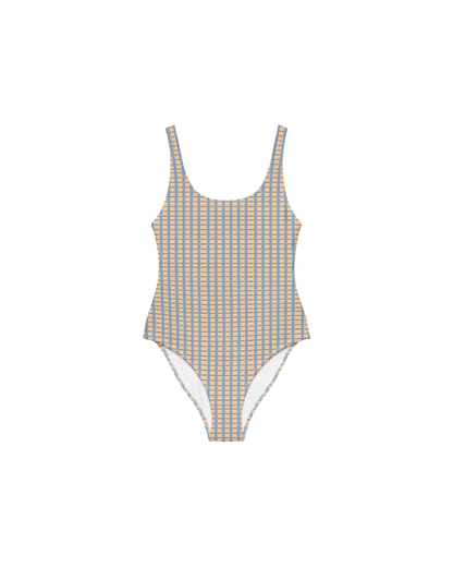 Warm sand and soft-blue check recycled one-piece swimsuit by Aurora Soulwear