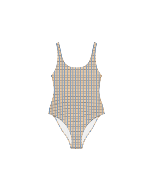 Warm sand and soft-blue check recycled one-piece swimsuit by Aurora Soulwear