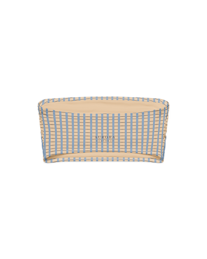 Warm sand and soft-blue check recycled bandeau bikini top by Aurora Soulwear