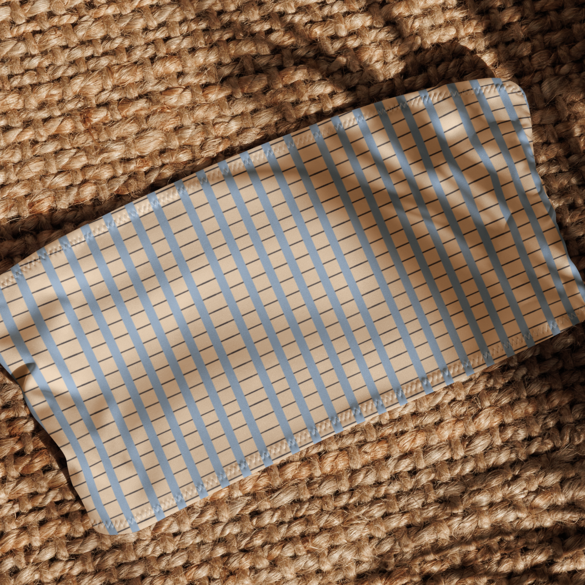 Warm sand and soft-blue check recycled bandeau bikini top by Aurora Soulwear