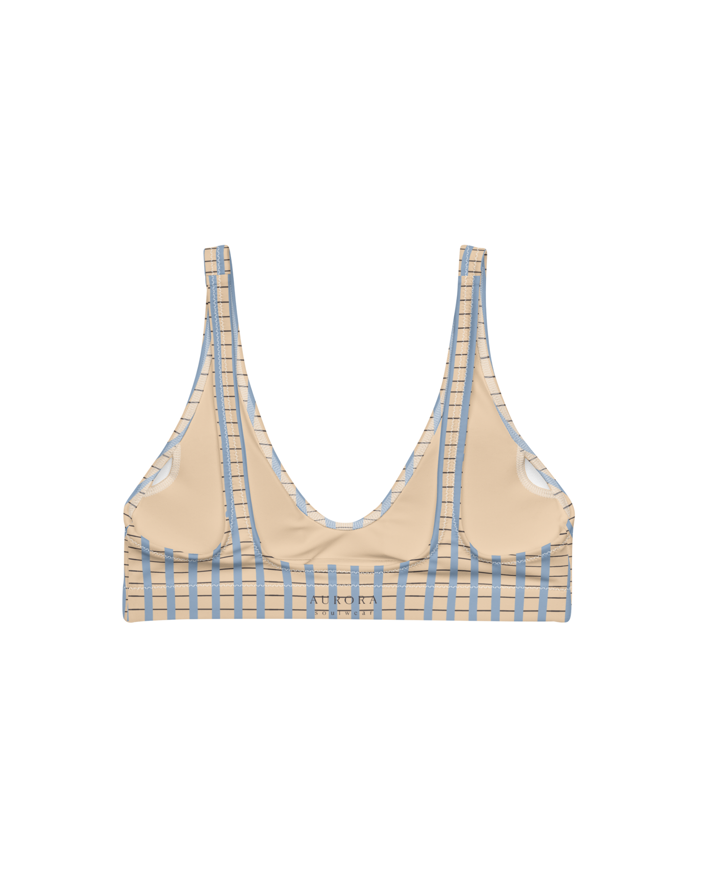 Warm sand and soft-blue check recycled bikini top by Aurora Soulwear