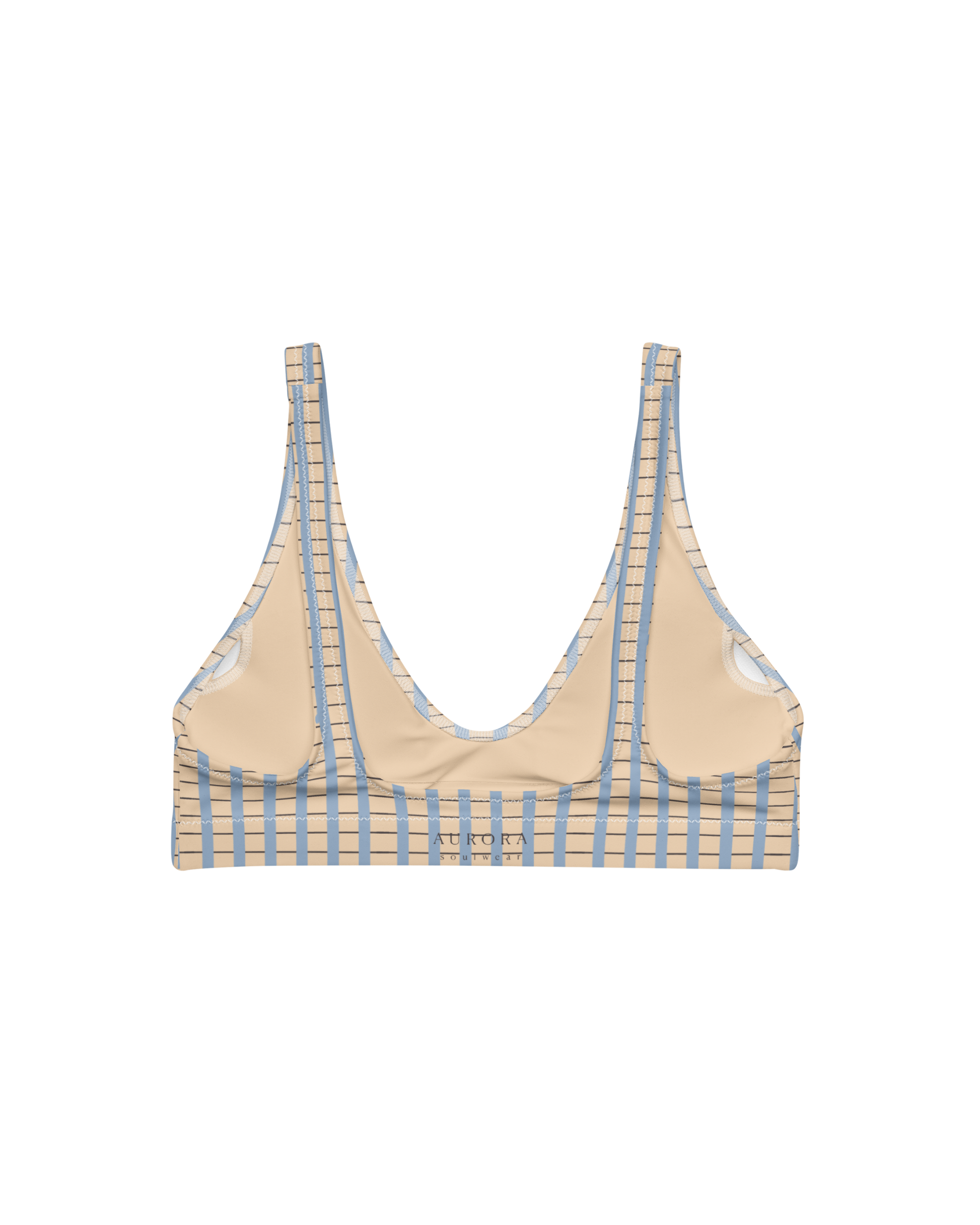 Warm sand and soft-blue check recycled bikini top by Aurora Soulwear