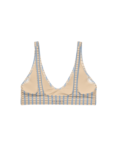 Warm sand and soft-blue check recycled bikini top by Aurora Soulwear