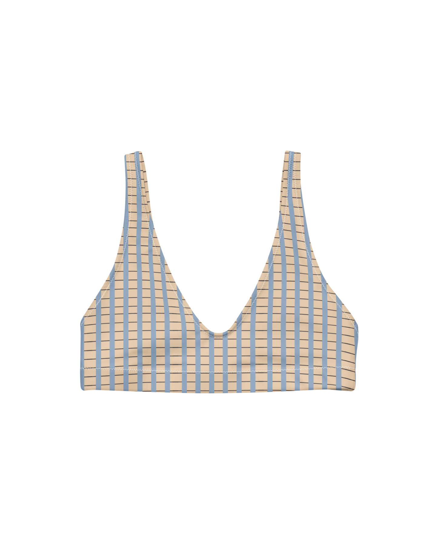 Warm sand and soft-blue check recycled bikini top by Aurora Soulwear