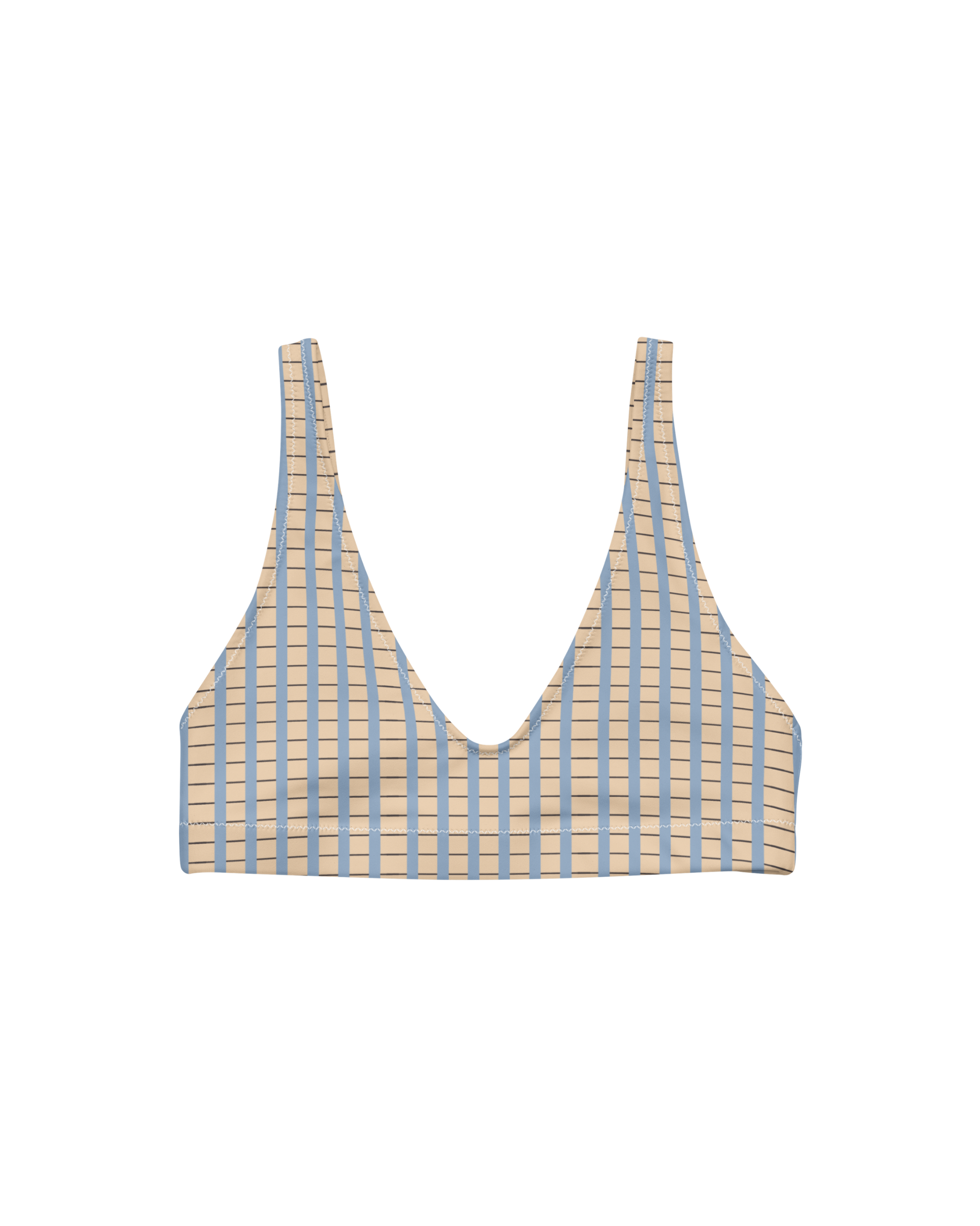 Warm sand and soft-blue check recycled bikini top by Aurora Soulwear