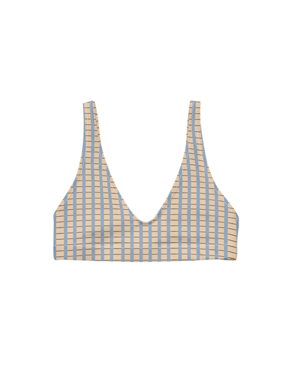 Warm sand and soft-blue check recycled bikini top by Aurora Soulwear