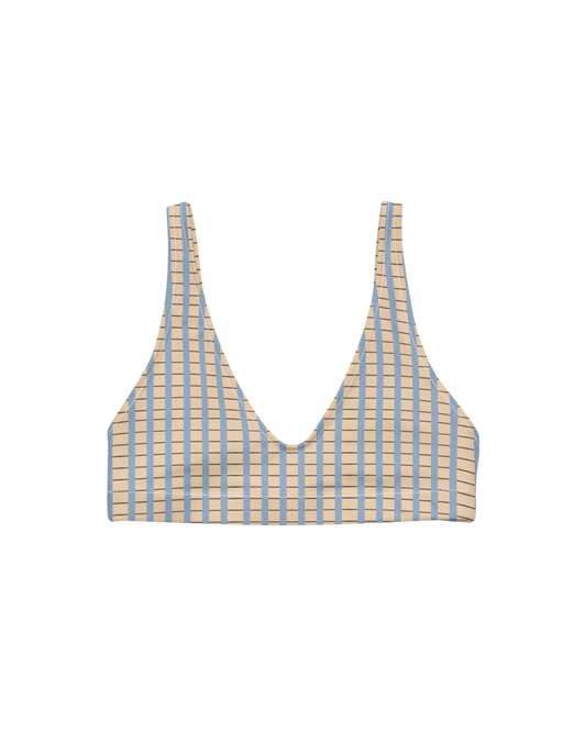 Warm sand and soft-blue check recycled bikini top by Aurora Soulwear