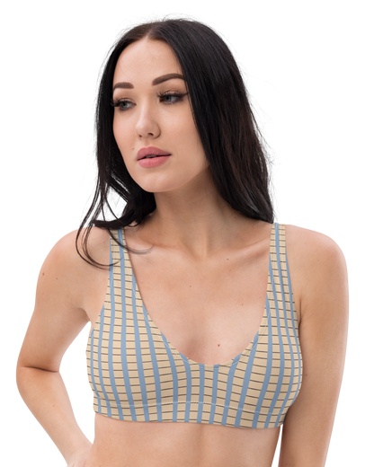Warm sand and soft-blue check recycled bikini top by Aurora Soulwear