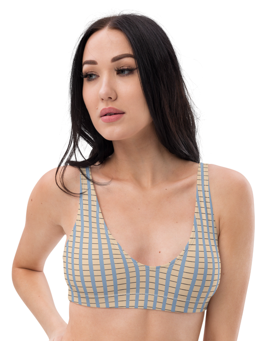 Warm sand and soft-blue check recycled bikini top by Aurora Soulwear