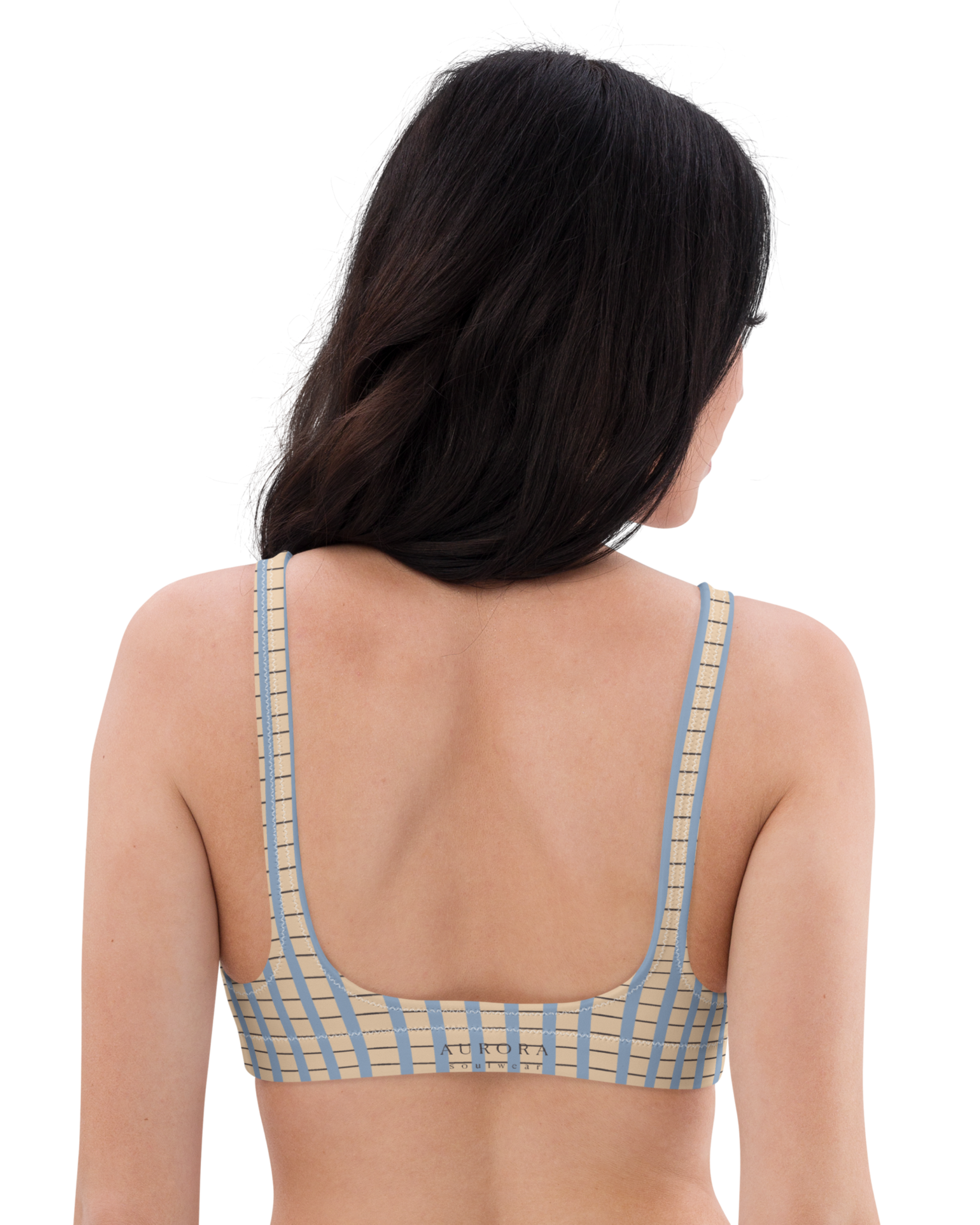 Warm sand and soft-blue check recycled bikini top by Aurora Soulwear
