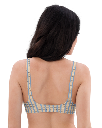 Warm sand and soft-blue check recycled bikini top by Aurora Soulwear
