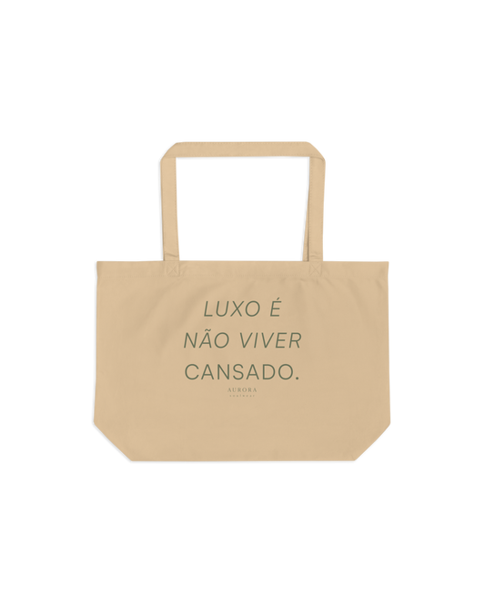 Luxo Organic Cotton Shopper in oyster with Luxo É Não Viver Cansado print in sage green