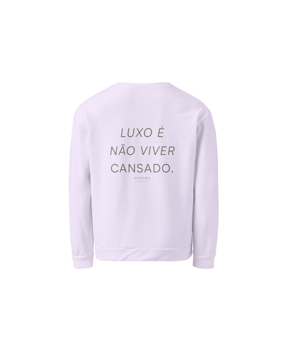 Luxo Recycled Sweatshirt in lavender with Luxo É Não Viver Cansado back print
