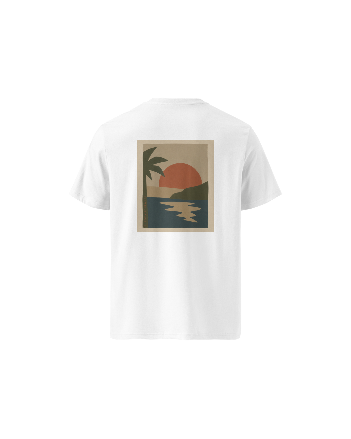 Miragem Organic Cotton T-shirt in white with hand-drawn sunset illustration front and back print