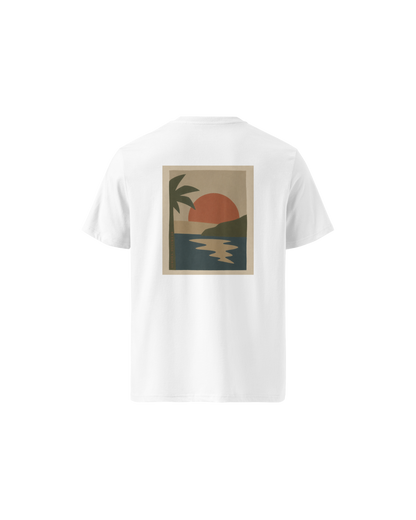 Miragem Organic Cotton T-shirt in white with hand-drawn sunset illustration front and back print