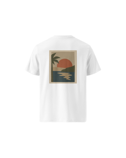 Miragem Organic Cotton T-shirt in white with hand-drawn sunset illustration front and back print