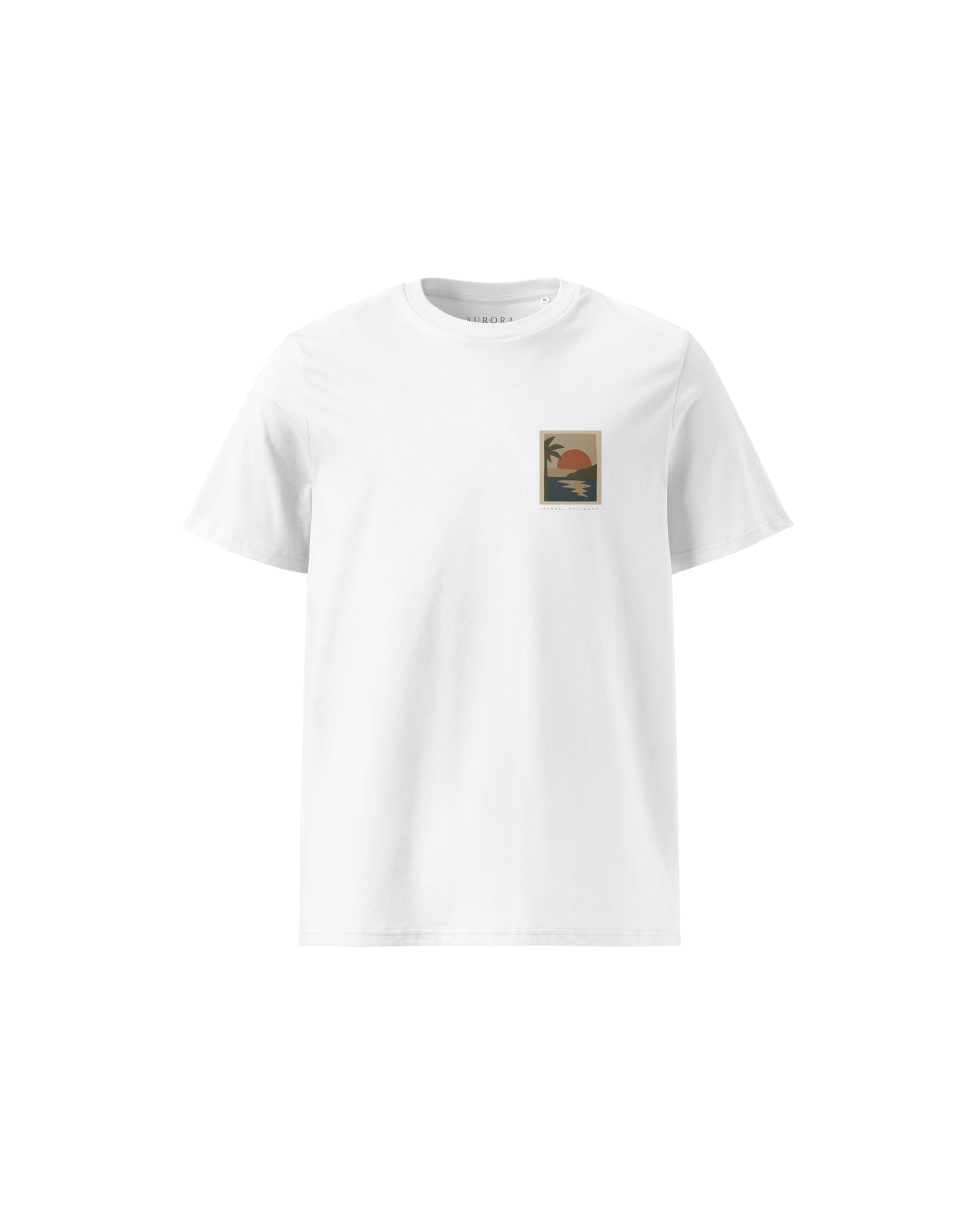 Miragem Organic Cotton T-shirt in white with hand-drawn sunset illustration front and back print