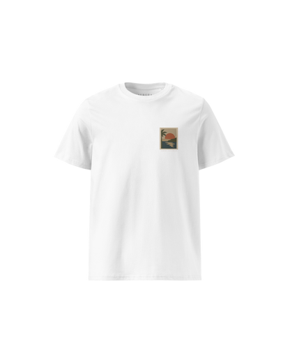 Miragem Organic Cotton T-shirt in white with hand-drawn sunset illustration front and back print