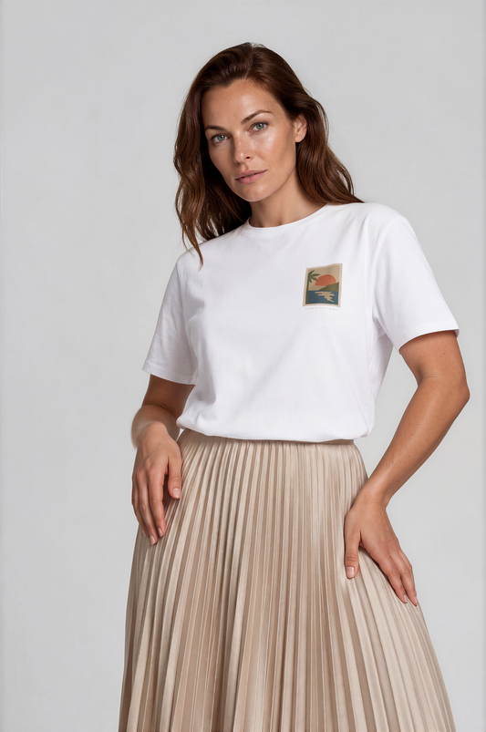 Miragem Organic Cotton T-shirt in white with hand-drawn sunset illustration front and back print