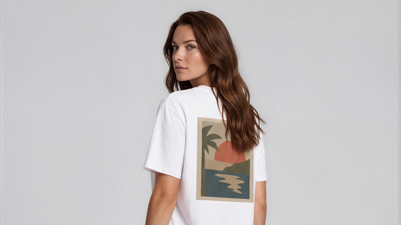 Miragem Organic Cotton T-shirt in white with hand-drawn sunset illustration front and back print