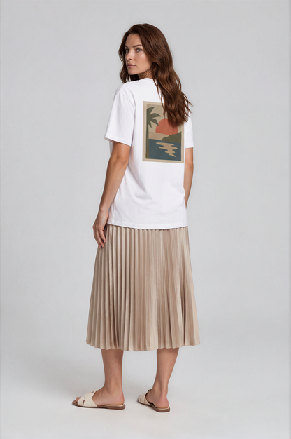 Miragem Organic Cotton T-shirt in white with hand-drawn sunset illustration front and back print