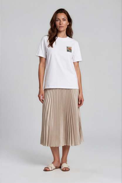 Miragem Organic Cotton T-shirt in white with hand-drawn sunset illustration front and back print