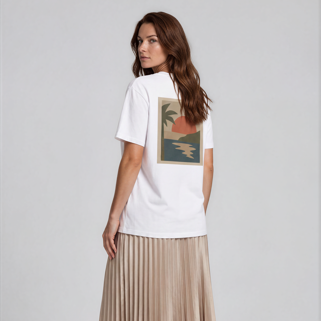 Miragem Organic Cotton T-shirt in white with hand-drawn sunset illustration front and back print