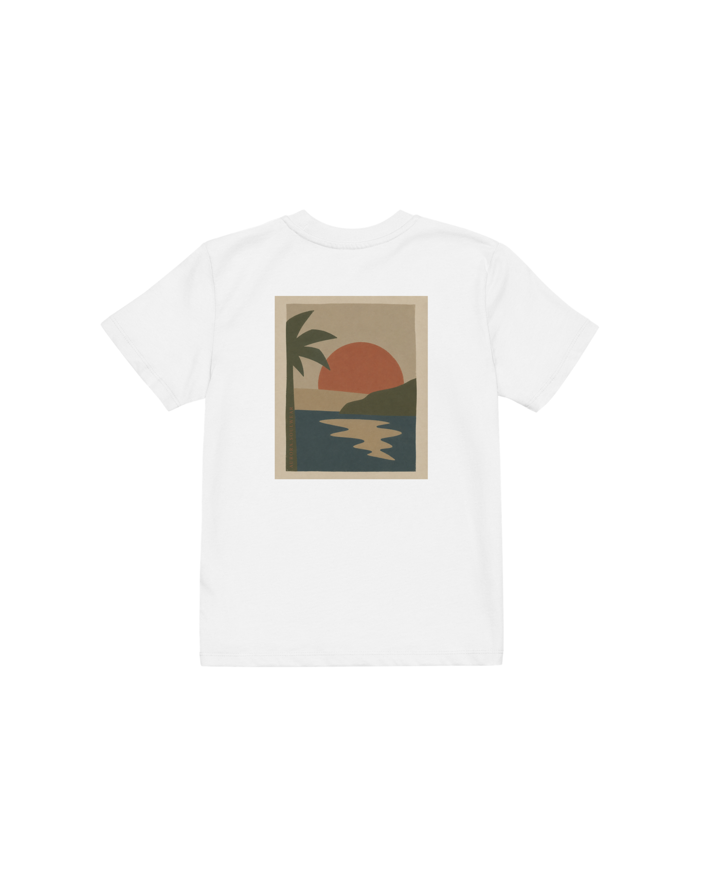 Miragem Organic Kids T-shirt in white with hand-drawn sunset illustration front and back print